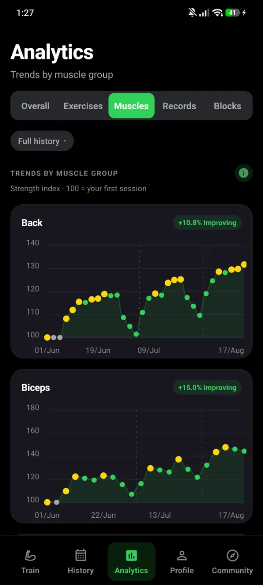 Weekly volume per muscle group